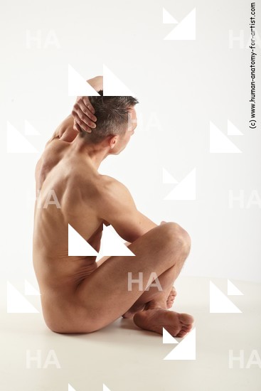 Nude Man White Sitting poses - simple Muscular Short Brown Sitting poses - ALL Standard Photoshoot Realistic