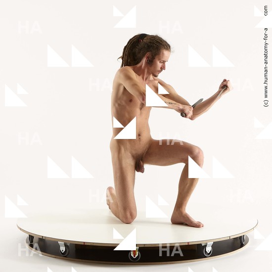 Nude Man White Kneeling poses - ALL Athletic Brown Kneeling poses - on one knee Dreadlocks Standard Photoshoot Realistic