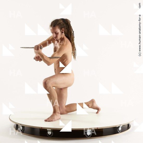 Nude Man White Kneeling poses - ALL Athletic Brown Kneeling poses - on one knee Dreadlocks Standard Photoshoot Realistic