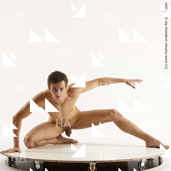 Nude Man White Kneeling poses - ALL Athletic Short Brown Kneeling poses - on one knee Standard Photoshoot Realistic