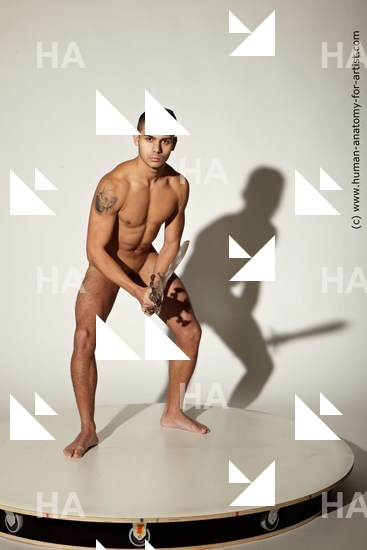 Nude Fighting with sword Man White Standing poses - ALL Muscular Short Brown Standing poses - simple Standard Photoshoot Realistic Fighting poses - ALL