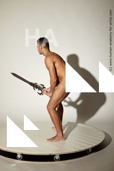 Nude Fighting with sword Man White Standing poses - ALL Muscular Short Brown Standing poses - simple Standard Photoshoot Realistic Fighting poses - ALL