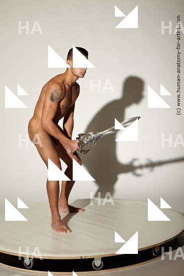 Nude Fighting with sword Man White Standing poses - ALL Muscular Short Brown Standing poses - simple Standard Photoshoot Realistic Fighting poses - ALL