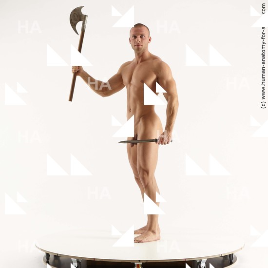 Nude Fighting with axe Man White Standing poses - ALL Muscular Short Brown Standing poses - simple Standard Photoshoot Realistic Fighting poses - ALL