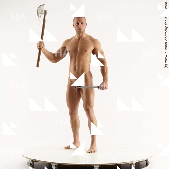 Nude Fighting with axe Man White Standing poses - ALL Muscular Short Brown Standing poses - simple Standard Photoshoot Realistic Fighting poses - ALL