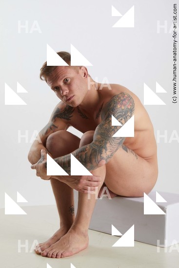 Nude Man White Sitting poses - simple Muscular Short Brown Sitting poses - ALL Standard Photoshoot Realistic