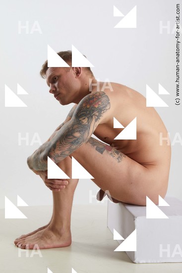 Nude Man White Sitting poses - simple Muscular Short Brown Sitting poses - ALL Standard Photoshoot Realistic