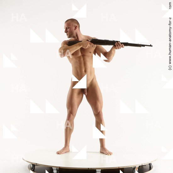 Nude Fighting with gun Man White Standing poses - ALL Muscular Short Brown Standing poses - simple Standard Photoshoot Realistic Fighting poses - ALL