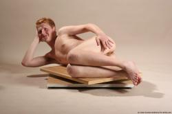 Nude Man White Laying poses - ALL Slim Short Red Laying poses - on side Realistic
