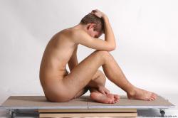 Nude Man White Sitting poses - simple Slim Short Brown Sitting poses - ALL Realistic