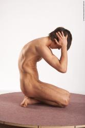 Nude Man White Kneeling poses - ALL Slim Short Brown Kneeling poses - on both knees Realistic