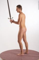 Nude Fighting with sword Man White Standing poses - ALL Slim Short Brown Standing poses - simple Realistic