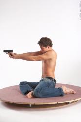 Casual Fighting with gun Man White Laying poses - ALL Slim Short Brown Academic