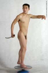 Nude Fighting with sword Man Asian Standing poses - ALL Slim Short Black Standing poses - simple Realistic