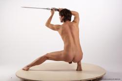 Nude Fighting with sword Man White Standing poses - ALL Slim Short Brown Standing poses - knee-bend Realistic