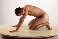 Nude Man White Kneeling poses - ALL Slim Short Kneeling poses - on both knees Black Realistic