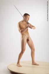 Nude Fighting with sword Man White Standing poses - ALL Slim Short Brown Standing poses - simple Realistic