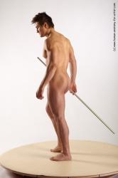 Nude Fighting with spear Man White Standing poses - ALL Muscular Short Brown Standing poses - simple Realistic