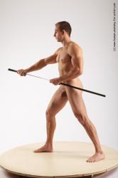 Nude Fighting with sword Man White Standing poses - ALL Muscular Short Brown Standing poses - simple Realistic