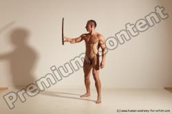 Nude Fighting with sword Man White Standing poses - ALL Muscular Short Brown Standing poses - simple Dynamic poses Realistic