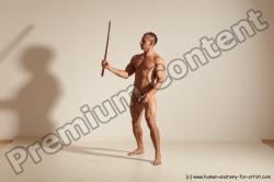 Nude Fighting with sword Man White Standing poses - ALL Muscular Short Brown Standing poses - simple Dynamic poses Realistic