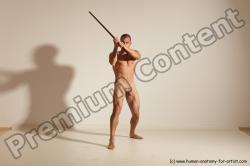 Nude Fighting with sword Man White Standing poses - ALL Muscular Short Brown Standing poses - simple Dynamic poses Realistic