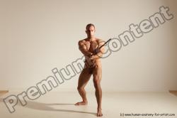 Nude Fighting with sword Man White Standing poses - ALL Muscular Short Brown Standing poses - simple Dynamic poses Realistic