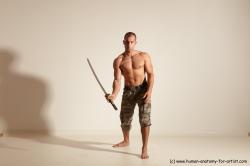 Casual Fighting with sword Man White Standing poses - ALL Muscular Short Brown Standing poses - simple Dynamic poses Academic