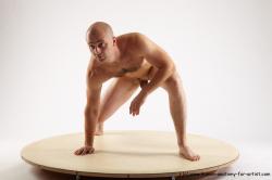 Nude Man White Standing poses - ALL Slim Bald Standing poses - knee-bend Realistic