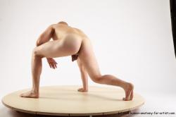 Nude Man White Standing poses - ALL Slim Bald Standing poses - knee-bend Realistic