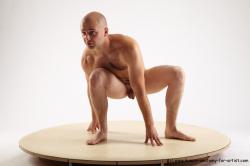 Nude Man White Standing poses - ALL Slim Bald Standing poses - knee-bend Realistic