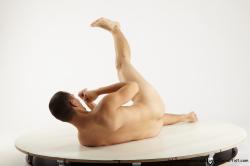 Nude Martial art Man White Laying poses - ALL Slim Short Brown Laying poses - on side Realistic