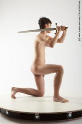 Nude Fighting with sword Man White Kneeling poses - ALL Slim Short Brown Kneeling poses - on one knee Realistic