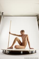 Nude Fighting with spear Man White Underweight Medium Brown Multi angles poses Realistic