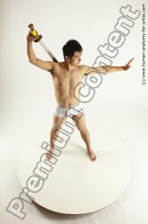 Underwear Fighting with sword Man Asian Slim Short Black Multi angles poses Academic