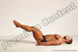 Underwear Gymnastic poses Man White Laying poses - ALL Muscular Short Brown Laying poses - on back Dynamic poses Academic