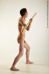 Nude Fighting with spear Man Asian Slim Short Black Standard Photoshoot Realistic