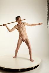 Nude Fighting with spear Man Asian Slim Short Black Standard Photoshoot Realistic