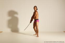 Underwear Fighting with sword Man Asian Athletic Long Black Dynamic poses Academic