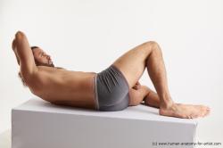 Underwear Man Black Laying poses - ALL Muscular Long Laying poses - on back Black Standard Photoshoot Academic