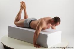 Underwear Man White Laying poses - ALL Muscular Short Brown Laying poses - on stomach Standard Photoshoot Academic