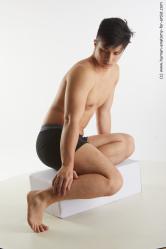 Underwear Man Asian Kneeling poses - ALL Slim Short Brown Kneeling poses - on one knee Standard Photoshoot Academic