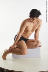 Underwear Man Asian Kneeling poses - ALL Slim Short Brown Kneeling poses - on one knee Standard Photoshoot Academic