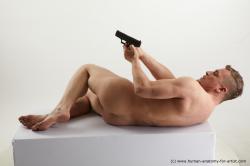 Nude Man White Laying poses - ALL Slim Short Brown Laying poses - on back Standard Photoshoot Realistic