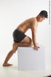 Underwear Man Asian Kneeling poses - ALL Slim Short Kneeling poses - on one knee Black Standard Photoshoot Academic