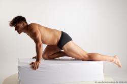 Underwear Man White Kneeling poses - ALL Athletic Short Brown Kneeling poses - on both knees Standard Photoshoot Academic