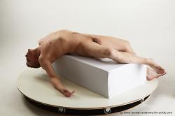 Nude Man White Laying poses - ALL Slim Short Brown Laying poses - on back Standard Photoshoot Realistic