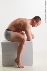 Underwear Man White Sitting poses - simple Muscular Short Brown Sitting poses - ALL Standard Photoshoot Academic